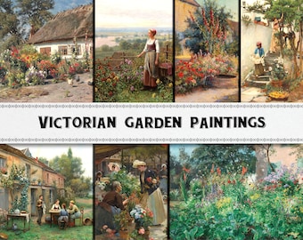 Paintings of Victorian Cottage Gardens / Digital Download / High Resolution / Commercial Use / Garden Clipart