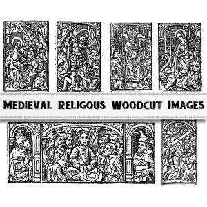 May include: A set of eight black and white woodcut images depicting scenes from the Bible. The images are framed in decorative borders and feature figures such as angels, saints, and religious leaders.