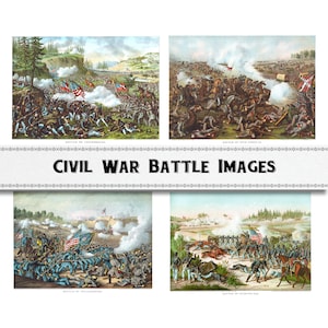 May include: A collection of four vintage Civil War battle images. Each print depicts a different battle scene with soldiers, flags, and smoke. The title "Civil War Battle Images" is displayed in bold text across the center.