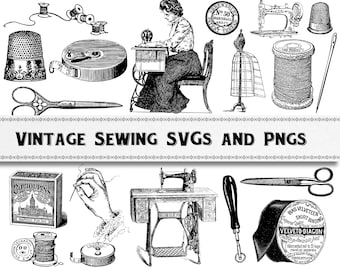 Vintage Sewing Images, Needlework Art, Digital Download, Commercial Use, PNG SVG, Thimbles Spools Machines