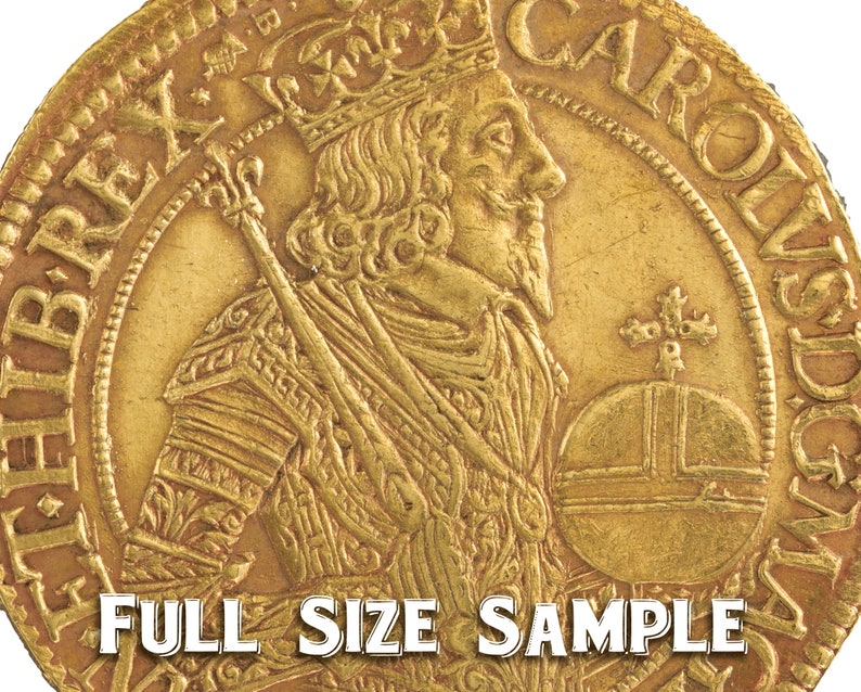 May include: A gold coin with a portrait of a king wearing a crown and armor. The inscription around the edge reads "CAROLVS D G REX".