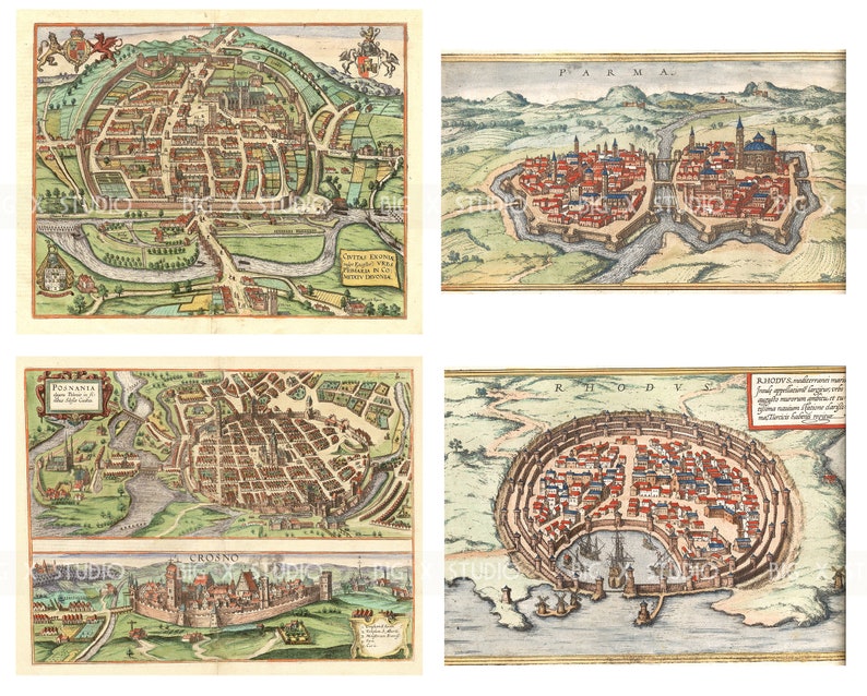 Color Medieval Walled City Map Images / Medieval Renaissance Maps / Digital Download / Commercial Use / Clipart image 5