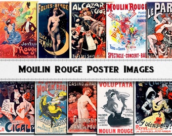 Può includere: Una collezione di immagini di poster vintage del Moulin Rouge. I poster presentano illustrazioni colorate di ballerini, cantanti e altri artisti. I poster sono in francese e inglese. I poster sono in vari stili, tra cui Art Nouveau e Art Deco.