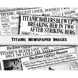 Może przedstawiać: Czarno-białe nagłówki gazet o zatonięciu Titanica. Nagłówki brzmią: "Titanic, największy statek, skazany", "Kotły Titanica eksplodowały, rozrywając go na pół po zderzeniu z górą lodową", oraz "Lista ofiar Titanica, 1601; Ocalono tylko 739 osób".