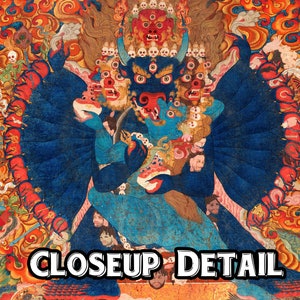 May include: A colorful painting depicting a deity with multiple heads and arms, surrounded by flames and smaller figures. The deity is blue and has a fierce expression. The painting is a vibrant example of Tibetan Buddhist art.