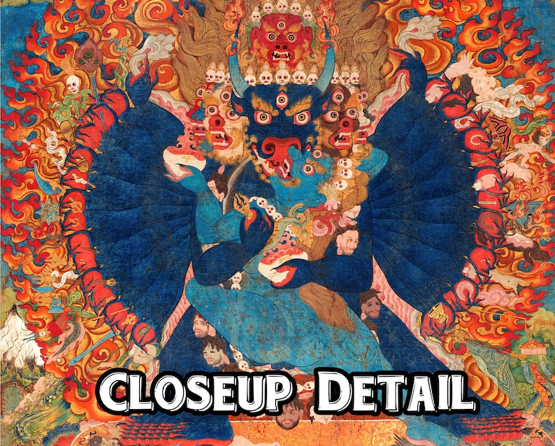 May include: A colorful painting depicting a deity with multiple heads and arms, surrounded by flames and smaller figures. The deity is blue and has a fierce expression. The painting is a vibrant example of Tibetan Buddhist art.