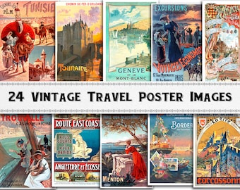May include: A collection of 24 vintage travel posters featuring destinations in France, Switzerland, Tunisia, England, Scotland, and more. The posters are in various styles and colors, with some featuring illustrations and others featuring photographs. The posters are all in French and English.