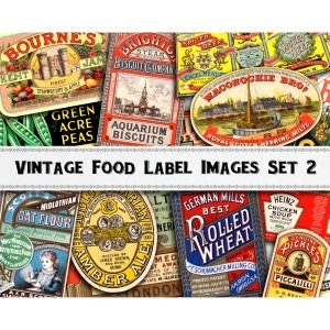 Puede incluir: Etiquetas vintage para alimentos con ilustraciones y texto. Las etiquetas son para productos como galletas, guisantes, harina de avena, mermelada, cerveza y pepinillos. Las etiquetas son de varios colores, incluyendo rojo, azul, verde, amarillo y marrón.