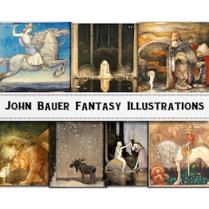 Pode incluir: Uma colagem de nove ilustrações de John Bauer, com criaturas fantásticas e cenas do folclore nórdico. As ilustrações representam um cavaleiro montando um cavalo branco, uma mulher em uma floresta, um troll, um urso, uma alce, uma princesa, um cavaleiro e um cavalo branco.