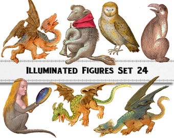 Medieval Manuscript Art, People and Creatures Set #24, Commercial Use (Digital Download)