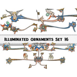 May include: A collection of illuminated ornaments with intricate designs in blue, gold, and red. The image includes figures of angels, knights, and animals. The text "ILLUMINATED ORNAMENTS SET 16" is displayed.