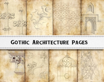Medieval Gothic Architecture Junk Journal Page Printable Kit / Scrapbook Digital Ephemera / Parchment Color Theme