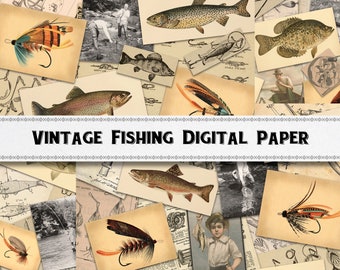 Vintage Fishing Digital Paper / Scrapbook Wallpapers / Fishing Ephemera Journal / Commercial Use Included