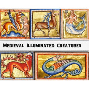 Op de afbeelding: Een verzameling middeleeuwse verlichte wezens, waaronder een gevleugelde griffin, een hert met geweien, een zeemeermin met een vissenstaart, een rode draak en een groen-blauwe draak. De wezens zijn afgebeeld in een kleurrijke, gestileerde manier, met ingewikkelde details en gouden accenten.