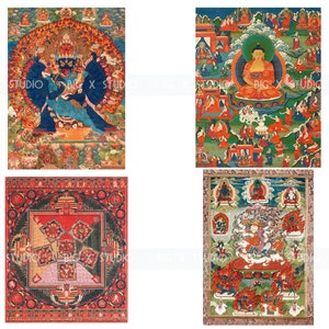 May include: Four colorful Tibetan Buddhist paintings, each depicting a different deity or scene. The first painting shows a multi-armed deity with a fierce expression, surrounded by flames. The second painting shows a seated Buddha in red robes, surrounded by other figures. The third painting shows a mandala with a red and green design. The fourth painting shows a deity with a crown and a white beard, surrounded by other figures.