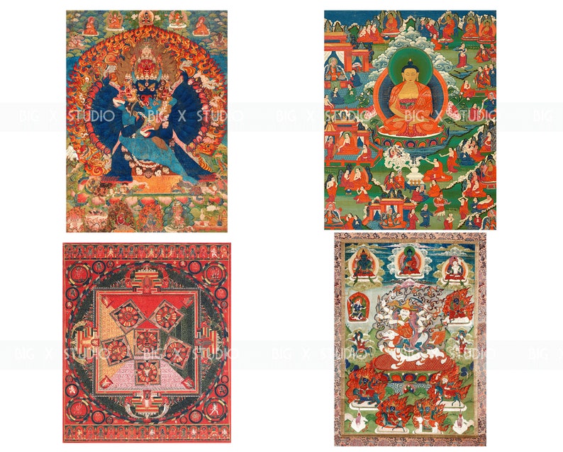 May include: Four colorful Tibetan Buddhist paintings, each depicting a different deity or scene. The first painting shows a multi-armed deity with a fierce expression, surrounded by flames. The second painting shows a seated Buddha in red robes, surrounded by other figures. The third painting shows a mandala with a red and green design. The fourth painting shows a deity with a crown and a white beard, surrounded by other figures.