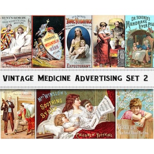 May include: Vintage medicine advertisements from the late 1800s or early 1900s. The ads feature illustrations of people using the products, along with text describing the benefits of each product. The products include Hunt's Remedy, Judson's Mountain Herb Pills, Dr. D. Jayne's Tonic Vermifuge, Dr. Schenck's Mandrake Liver Pills, Ayer's Sarsaparilla, Mrs. Winslow's Soothing Syrup, and Vegetine.