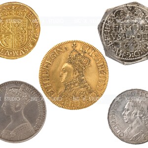 May include: Five antique coins, including a gold coin with a portrait of a queen, a gold coin with a coat of arms, and three silver coins with portraits of monarchs. The coins are in good condition and have a variety of designs.