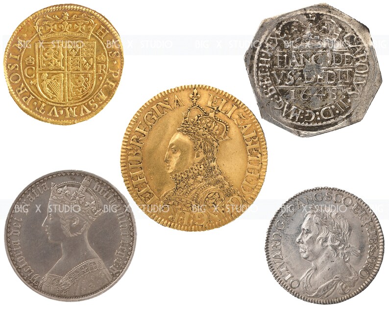 May include: Five antique coins, including a gold coin with a portrait of a queen, a gold coin with a coat of arms, and three silver coins with portraits of monarchs. The coins are in good condition and have a variety of designs.