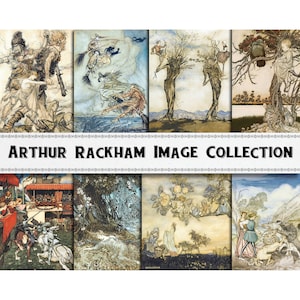 Op de afbeelding: Een verzameling van negen vintage illustraties van Arthur Rackham, met fantasievolle scènes uit klassieke sprookjes. De illustraties zijn in zwart-wit met kleuraccenten en tonen personages zoals feeën, heksen en mythische wezens.