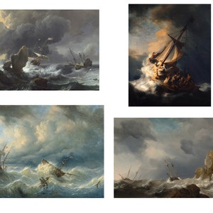 May include: Four paintings depicting stormy seas with ships in distress. The paintings are in a traditional style with a focus on the dramatic elements of the scene.