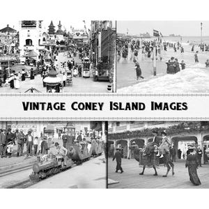 以下が含まれることがあります： コニーアイランドのヴィンテージ画像を組み合わせた白黒写真のコラージュ。左上の画像は、人々が歩いて小さな列車に乗っている混雑した遊歩道。右上の画像は、人々が海で泳いだり、水遊びをしている様子。左下の画像は、人々が乗っている小さな列車。右下の画像は、人々が遊歩道でラクダに乗っている様子。