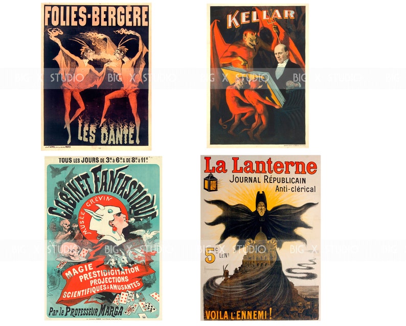 Pu&ograve; includere: Una collezione di manifesti pubblicitari francesi vintage. I manifesti presentano una tipografia e illustrazioni audaci, tra cui ballerini, diavoli e una figura con un mantello. I manifesti pubblicizzano un cabaret, un mago e un giornale. La tavolozza dei colori include rossi, blu e gialli.
