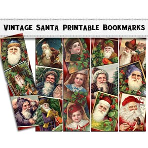 May include: Vintage printable bookmarks featuring images of Santa Claus, children, and Christmas scenes. The bookmarks are in a collage style with a variety of colors and designs.