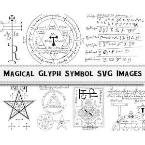 May include: Black and white line art illustrations of magical glyphs and symbols. The image includes a pentagram, a circle with a triangle inside, and a square with a circle inside. The text "MAGICAL GLYPH SYMBOL SVG IMAGES" is at the top of the image.