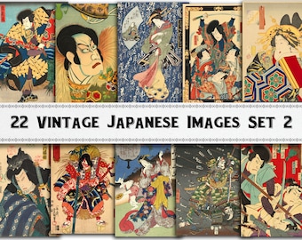May include: A collage of 22 vintage Japanese images featuring colorful illustrations of people in traditional clothing, samurai warriors, and scenes from Japanese history. The images are printed on paper and have a textured, aged look.