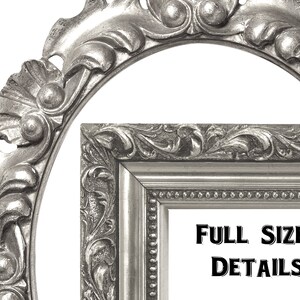 May include: Silver-colored ornate picture frame with detailed scrollwork and a rectangular corner. The frame has a classic, vintage design. The text "FULL SIZE DETAILS" is displayed in black.