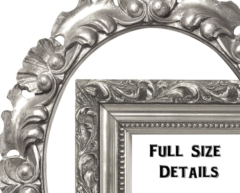 May include: Silver-colored ornate picture frame with detailed scrollwork and a rectangular corner. The frame has a classic, vintage design. The text "FULL SIZE DETAILS" is displayed in black.