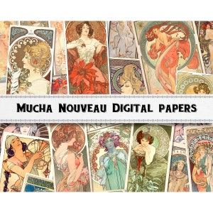 Vintage Mucha Art Nouveau Digital Paper / Scrapbook Wallpapers / Ephemera Journal / Commercial Use Included