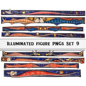 May include: A set of nine digital images featuring medieval illuminated manuscript illustrations. The images depict a variety of figures and scenes, including a couple kissing, a fish, and a dog. The images are in a blue, red, and gold color scheme.