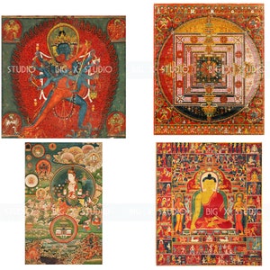 May include: Four colorful Tibetan Buddhist paintings depicting deities and mandalas. The first painting shows a red and blue deity with multiple arms. The second painting shows a mandala with a square in the center. The third painting shows a deity in a circle surrounded by clouds. The fourth painting shows a Buddha seated on a throne.