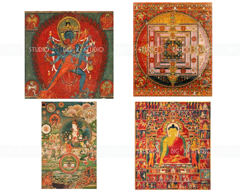 May include: Four colorful Tibetan Buddhist paintings depicting deities and mandalas. The first painting shows a red and blue deity with multiple arms. The second painting shows a mandala with a square in the center. The third painting shows a deity in a circle surrounded by clouds. The fourth painting shows a Buddha seated on a throne.