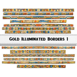 May include: A set of 12 gold illuminated borders with intricate designs in blue, red, and white. The borders feature geometric patterns, floral motifs, and stylized fish.