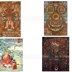 May include: Four colorful Tibetan Buddhist paintings, each depicting a different deity or mandala. The first painting shows a central figure with multiple arms and hands, surrounded by other figures. The second painting features a complex mandala with intricate geometric patterns and figures. The third painting shows a seated figure in a landscape setting. The fourth painting depicts a fierce deity with multiple heads and arms.