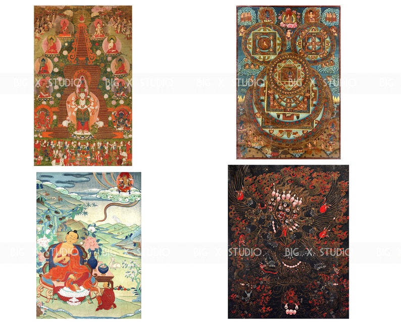May include: Four colorful Tibetan Buddhist paintings, each depicting a different deity or mandala. The first painting shows a central figure with multiple arms and hands, surrounded by other figures. The second painting features a complex mandala with intricate geometric patterns and figures. The third painting shows a seated figure in a landscape setting. The fourth painting depicts a fierce deity with multiple heads and arms.