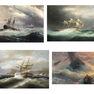 May include: Four paintings depicting ships in stormy seas. The first painting shows a ship with a French flag in a stormy sea. The second painting shows a ship with white sails in a stormy sea. The third painting shows a ship with white sails in a stormy sea with a rocky coastline. The fourth painting shows a ship in a stormy sea with a lifeboat and people in the water.