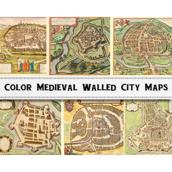 カラー中世城壁都市地図画像 / 中世ルネッサンス地図 / デジタル 