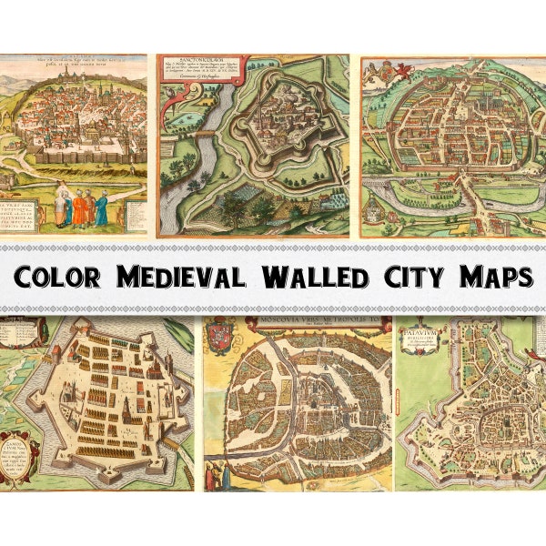 Imágenes de mapas de la ciudad amurallada medieval en color / Mapas del Renacimiento medieval / Descarga digital / Uso comercial / Imágenes prediseñadas