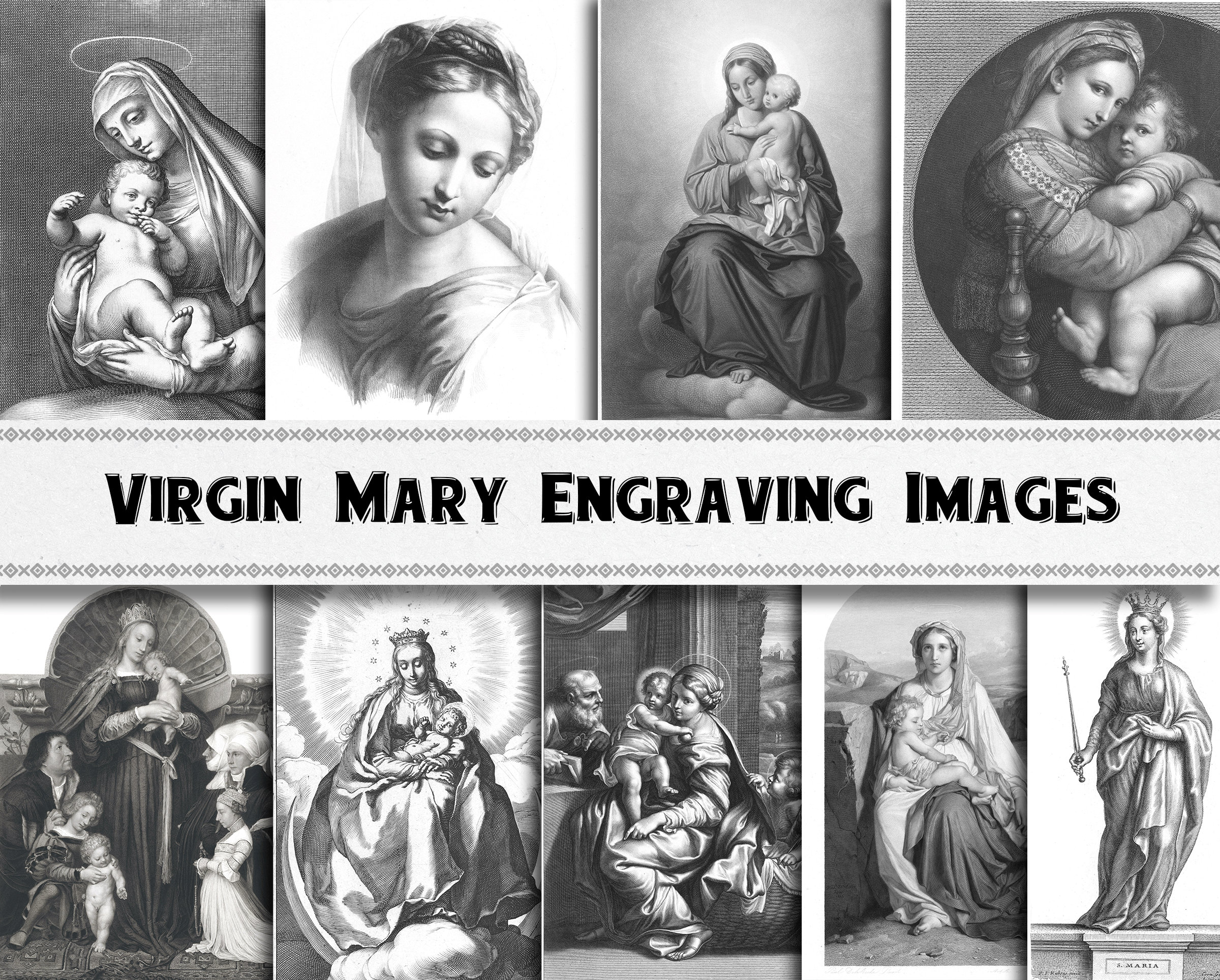 Vintage Virgin Mary Engraving Images / Digital Download / Commercial Use / Christian Icon Clipart