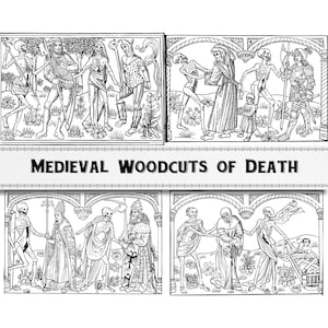 Puede incluir: Cuatro ilustraciones en blanco y negro talladas en madera que representan la muerte como una figura esquelética que interactúa con varias personas. Las ilustraciones se titulan "Grabados medievales de la muerte".