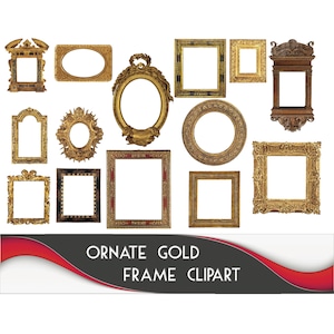 May include: A collection of 12 ornate gold picture frames in various shapes and sizes. The frames are all made of a shiny gold metal and have intricate details. The frames are perfect for adding a touch of elegance to any home decor.