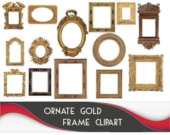 May include: A collection of 12 ornate gold picture frames in various shapes and sizes. The frames are all made of a shiny gold metal and have intricate details. The frames are perfect for adding a touch of elegance to any home decor.