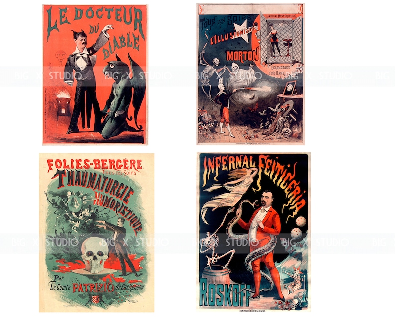 Pu&ograve; includere: Una collezione di quattro manifesti vintage di circo e spettacoli di magia. I manifesti presentano illustrazioni di artisti, diavoli, scheletri e testo in francese. I manifesti sono in tonalit&agrave; di rosso, blu e verde.