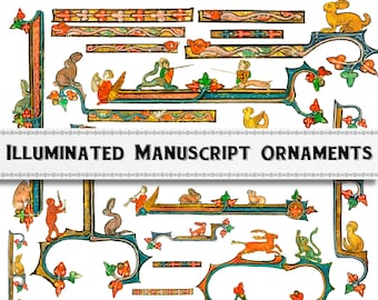 Medieval Illuminated Manuscript Ornaments, Digital Download, Commercial Use Clipart, Middle Ages Knotwork Borders