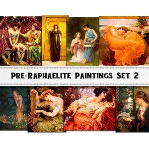 May include: A collage of ten Pre-Raphaelite paintings featuring women in various poses and settings. The paintings are in a variety of styles, including romantic, allegorical, and mythological. The paintings are all in a similar style, with a focus on detail and realism.