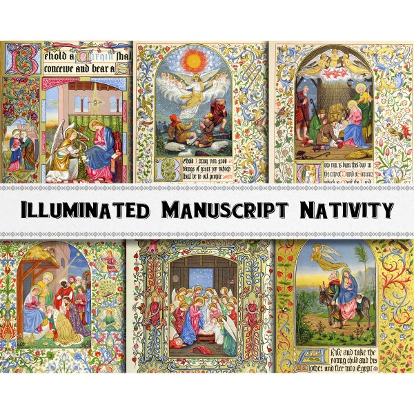 Medieval Illuminated Manuscript Nativity Images, Digital Download, Commercial Use Clipart, Christmas Card Art